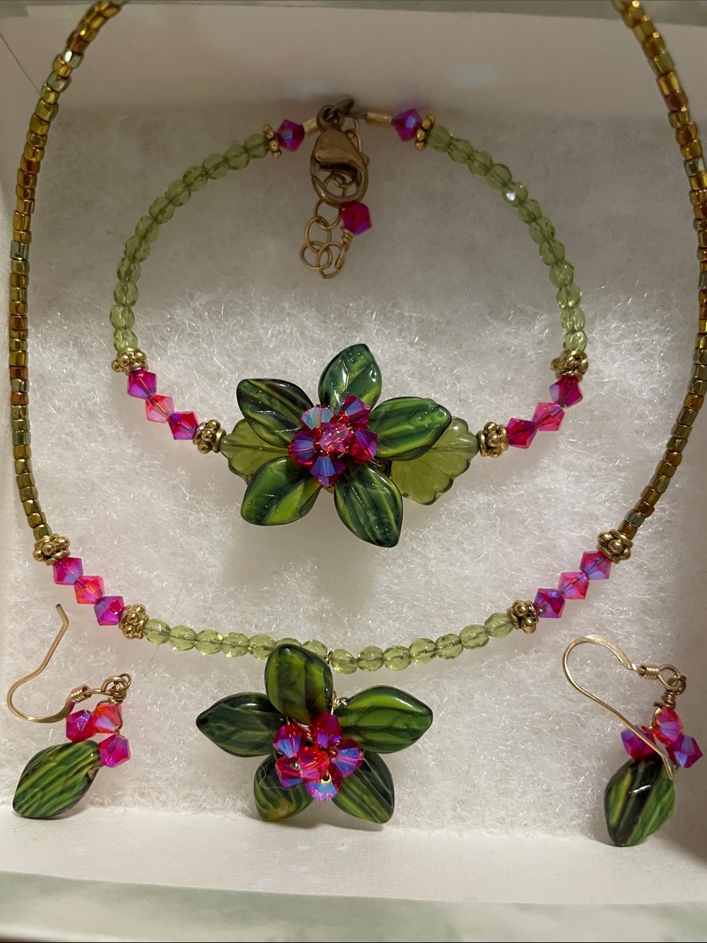 Green Floral Crystal Necklace, Bracelet & Earring Set